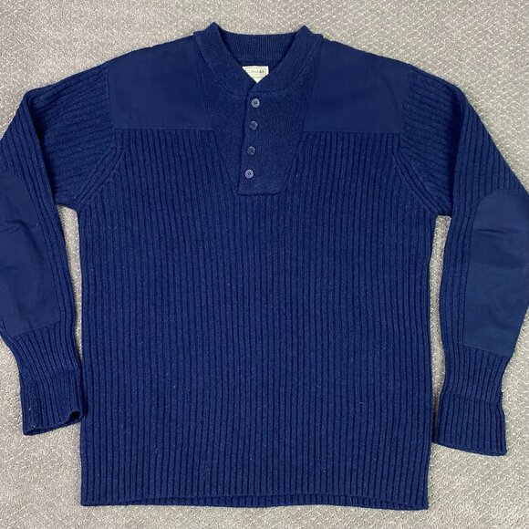 LL Bean Sweater Men's XXL Navy Blue Commando Military Ribbed Merino Lambs Wool - Picture 1 of 10